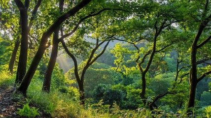 Fototapeta premium Lush Forest Canopy Sunlight Streams Through Trees