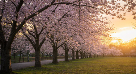 Fototapeta premium Blossoming Cherry Trees at Sunset in a Serene Park Setting