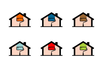 set of houses icons with brush handle, with different color variations