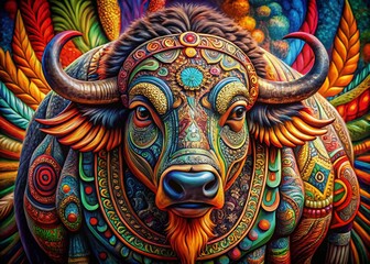Obraz premium Vibrant Buffalo Art: Spiritual Symbolism in Intricate Design & Dynamic Hues