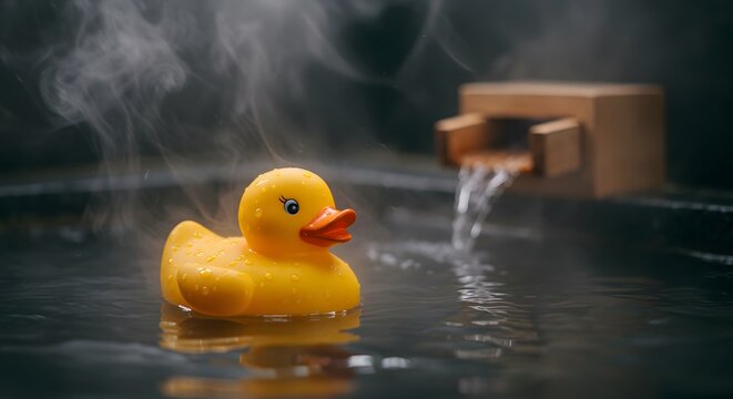 Yellow rubber duck floating in water with steam