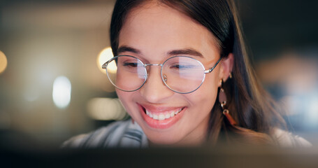 Computer, night and businesswoman in office with deadline for creative project with publishing....