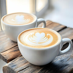Latte art coffee cups on wooden surface