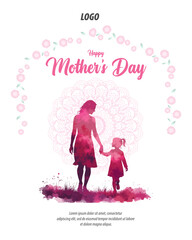 Mother's Day post template with a silhouette of a woman and child holding hands, floral design, and 