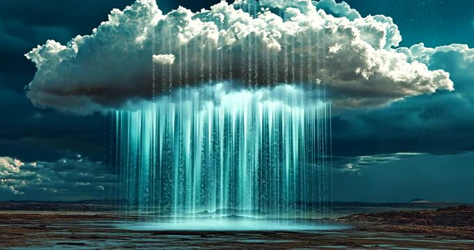 Dramatic cloud formation pouring rain over a desolate landscape under a stormy sky