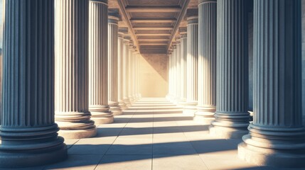 Fototapeta premium Sunlit Classical Columns, Colonnade Pathway, Architecture, Sunlight, Background, Design
