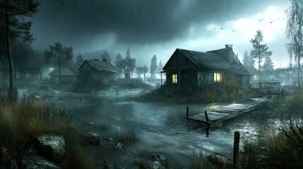 Misty village under a stormy sky