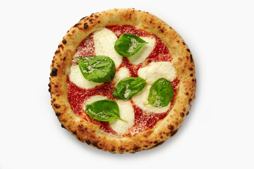 Round neapolitan pizza with mozzarella, tomato sauce, basil and parmesan cheese on white background