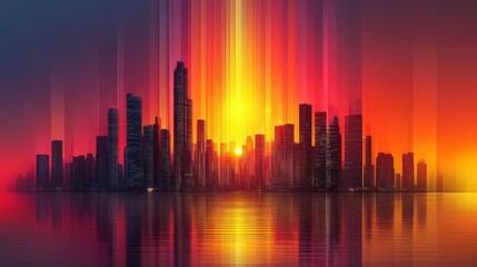Fototapeta premium Stunning Sunset Urban Skyline with Vibrant Colors and Reflection