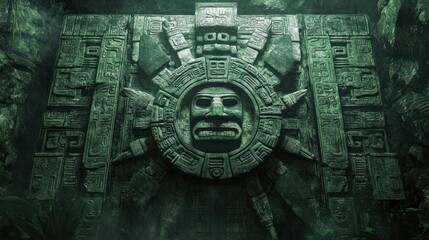 Obraz premium Mayan stone carving, jungle backdrop, ancient temple, mystery