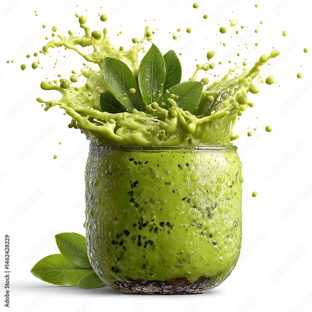 Poster refreshing kiwi smoothie splash: a vibrant green kiwi smoothie explodes in a dynamic splash, showcas
