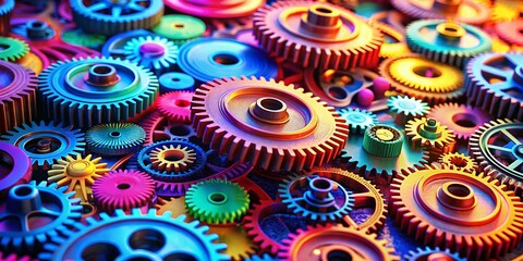 Vibrant Gears & Arrows: Abstract Technological Landscape Stock Photo