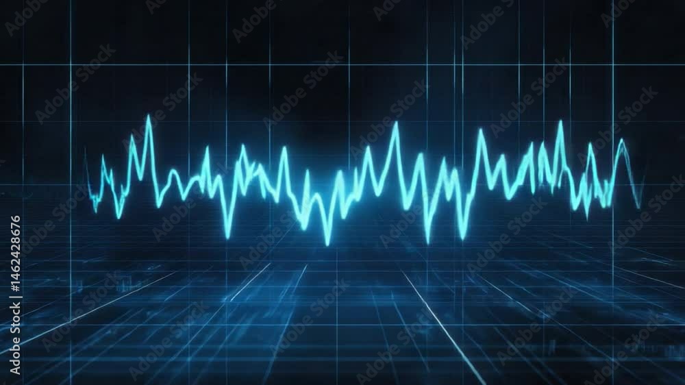 Poster abstract digital sound wave visualization with blue color on dark background for scientific and tech