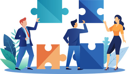 Business Teamwork Concept. Vector illustration in flat style of puzzle pieces with different people in business suits in each - talking to each other. isolated on a white background.