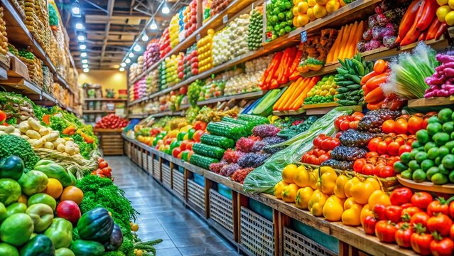 Vibrant Grocery Aisle: Colorful Produce & Snacks Stock Photo