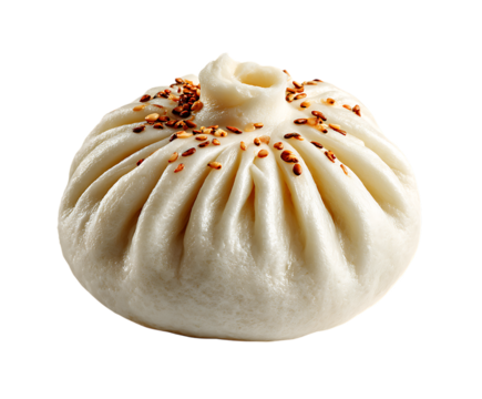 Close up of a delicious bao bun, sprinkled with sesame seeds.