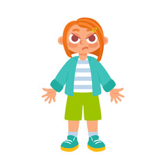 A girl with red hair, dressed in a blue jacket, striped shirt, green shorts and blue shoes, stands with a displeased angry expression on her face.