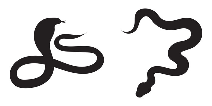 Vector monochrome tangled snake set. Collection of black outline and silhouette pythons with plant decoration isolated from background. Symbol of Chinese New Year for icons, logos