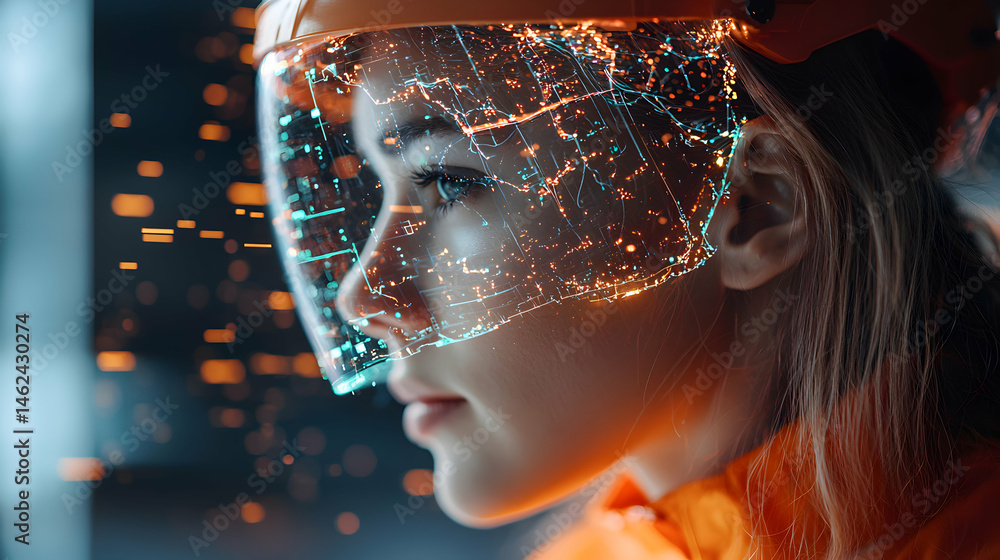 Aufkleber a futuristic portrait of a person wearing a technological visor. the visor displays a network of lig