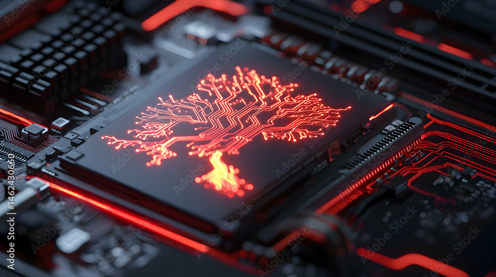 Fototapete a glowing circuit board with a tree-like design showcases the intersection of technology and nature.