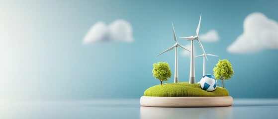 A paper craft representation of a sustainable, clean energy wind farm, featuring a modern, minimalist design with geometric shapes and patterns.