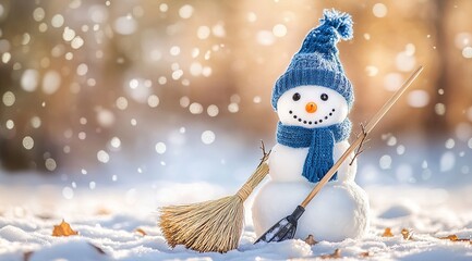 Charming Snowman In Winter Scene With Blue Knit Hat And Scarf