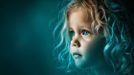 Naklejka premium Dreamy gaze: A tender portrait of a little girl with captivating blue eyes and golden curly hair, lost in thought, illuminated by an ethereal glow, evoking innocence and wonder.