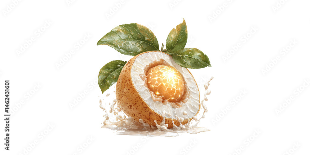 Poster half-sliced pear with splashing milk and glowing core. symbolizes freshness and nutritional energy i