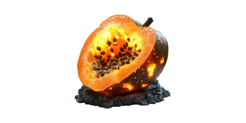 Glowing Papaya Sculpture Lava Base. Artistic Representation Of Tropical Fruit And Heat Isolated On Transparent Background