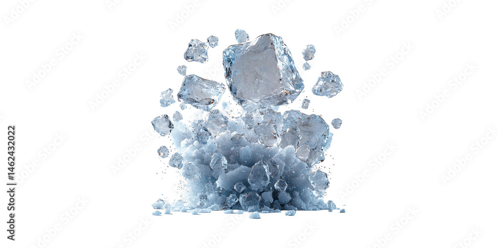Poster exploding ice cubes. dynamic energy and refreshing coolness concept isolated on transparent backgrou