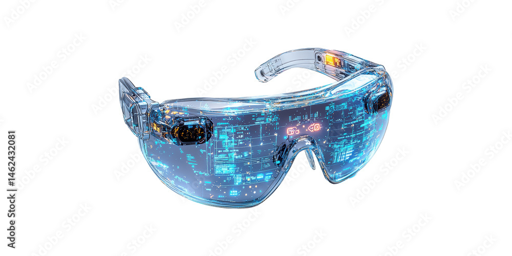 Poster futuristic augmented reality glasses with digital interface. advanced technology and virtual interac