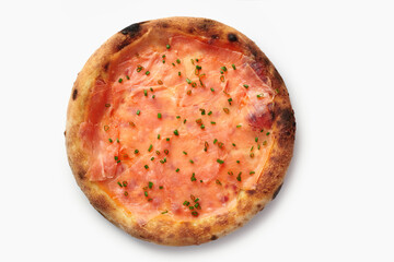 Delicious pizza with smoked salmon and chives on white background