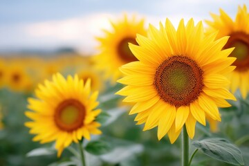 Fototapeta premium Sunflowers blooming in a field under a soft sunset glow