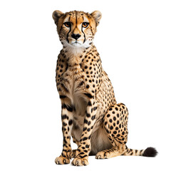 A cheetah sits and stares calmly at the camera 