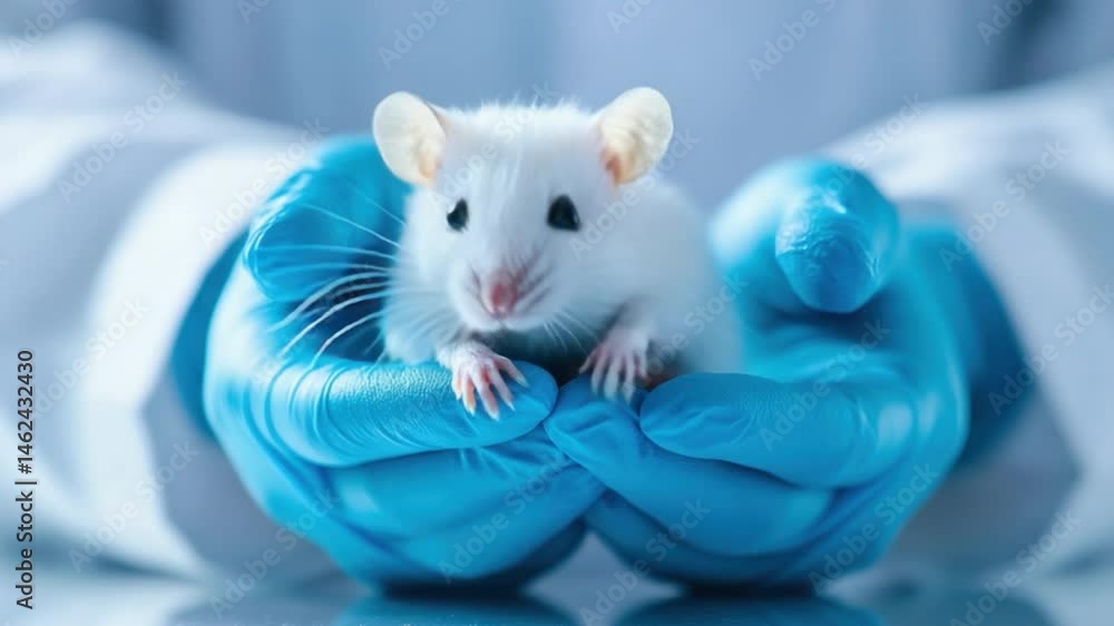Poster hands of a researcher holding a laboratory mouse with a focused expression and soft fur in a bright 