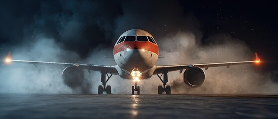 Nighttime airplane accident scene with emergency lights illuminating the wreckage and debris, indicating a crisis situation requiring an urgent response.