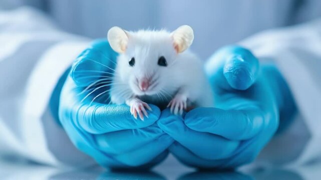 Hands of a researcher holding a laboratory mouse with a focused expression and soft fur in a bright lab environment 4k video footage