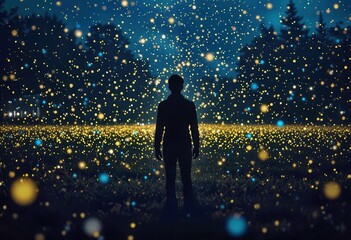 Surreal figure surrounded by glowing orbs on a tranquil night