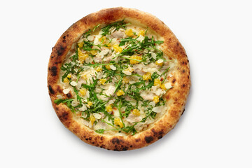 Delicious pizza with chicken, mango, arugula, parmesan and almonds on white background