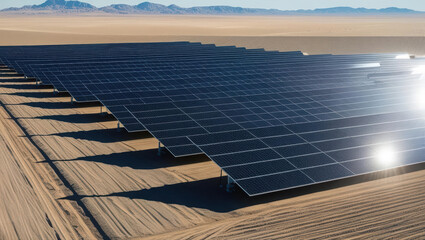 Large solar panel farm desert landscape with mountains background
