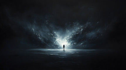 A modern painting of a lone silhouette surrounded by endless darkness.