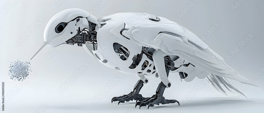 Poster a futuristic robotic bird model with intricate mechanical details possibly for tech art or sci-fi il