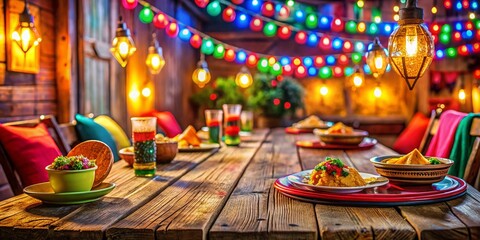 Vibrant Rustic Mexican Restaurant Table Setting - Colorful Background Drone Shot