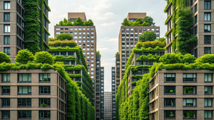 Cityscape with green rooftop gardens and vertical greenery