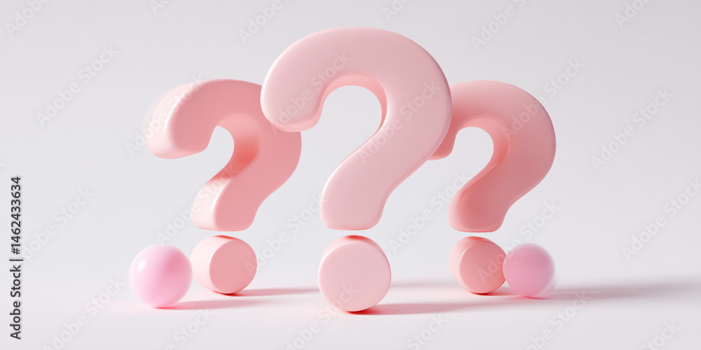 Aufkleber three pink question marks and spheres on white background, creating a minimalist, curious, and inqui