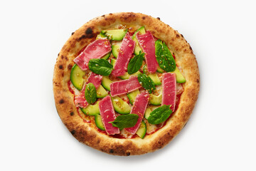 Delicious tuna pizza with avocado and mustard dressing on white background