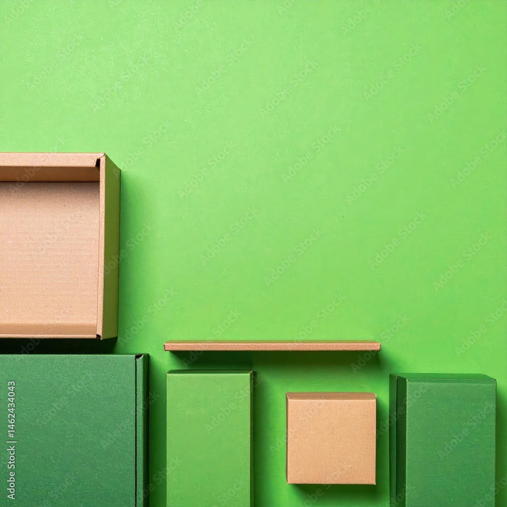Poster a collection of assorted cardboard boxes in various sizes and shapes, neatly arranged against a vibr