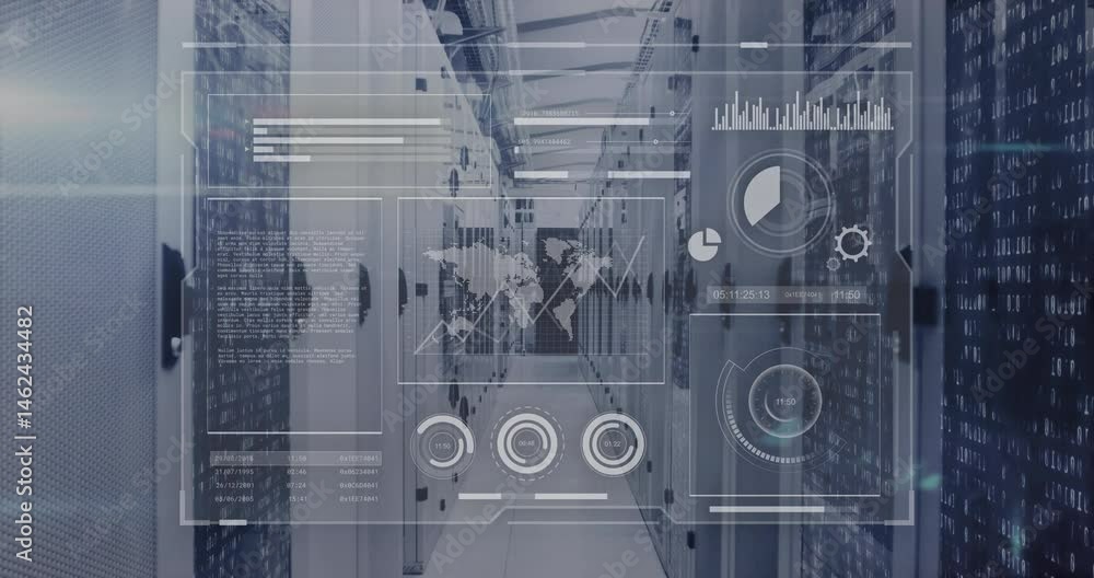 Aufkleber Translucent futuristic HUD overlay floating across data center aisle, showing world map and charts
