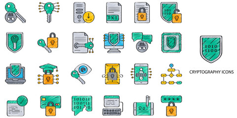 Cryptography simple concept 24 hand drawn color icons set. Contains such encryption, protocol, technology, privacy, transmission, safeguarding, code .Vector illustration.