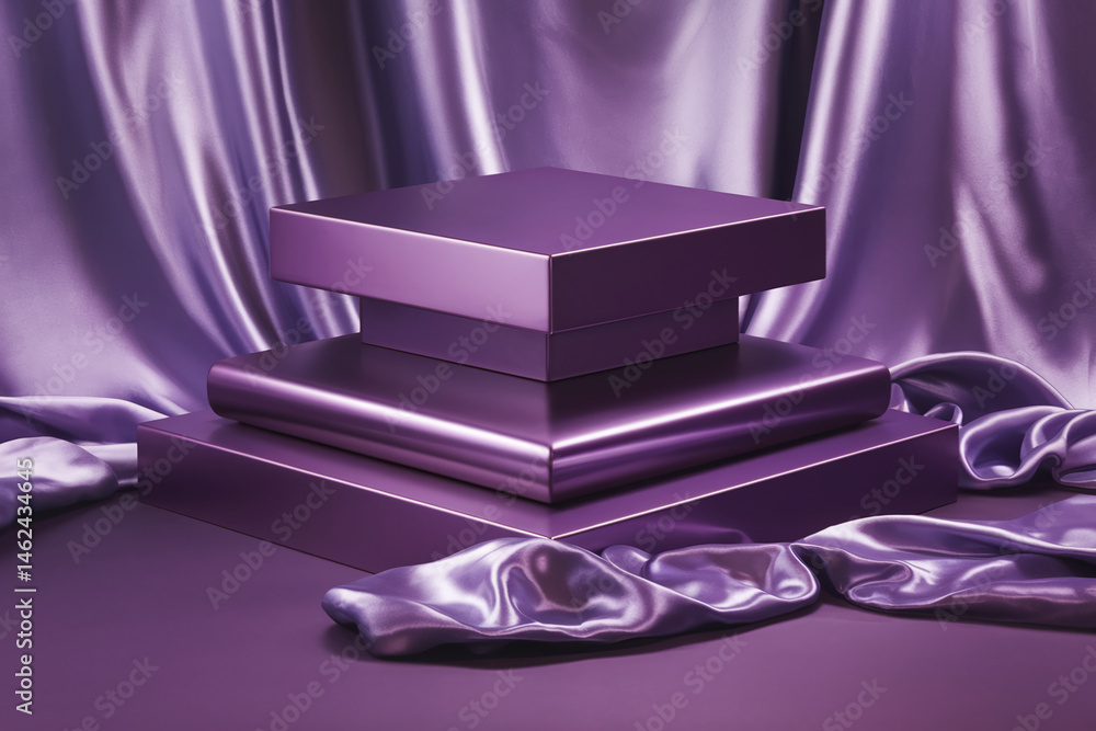 Poster three purple metallic cubes on a purple silk background, creating a display or product showcase with